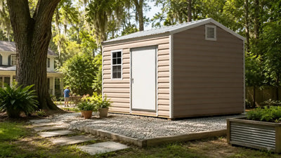 Galvanized steel portable storage building on an elevated gravel pad in a humid Southeast yard, built to resist moisture and mold