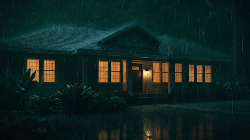 A suburban home during a heavy rainstorm