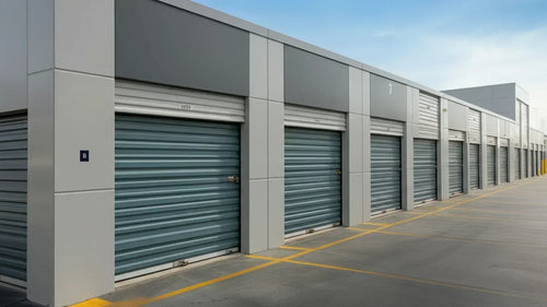 A storage unit facility, showing the doors of the rentable units.