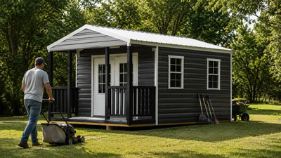 Galvanized metal portable storage building on a Southeast property used to store lawn equipment, tools, and outdoor gear with durable steel construction designed for humid climates.