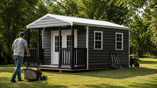 Galvanized metal portable storage building on a Southeast property used to store lawn equipment, tools, and outdoor gear with durable steel construction designed for humid climates.