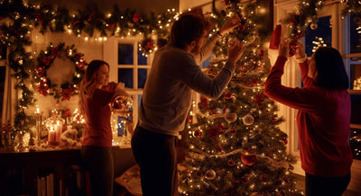 People decorating a living room with holiday lights, ornaments, and festive indoor decor.
