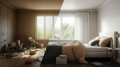 A bedroom before and after, with junk in the before, and clean storage in the after.