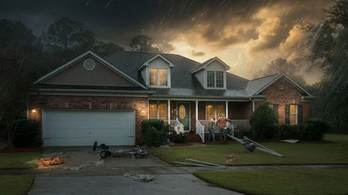 A couple tending to their home during a bad storm.
