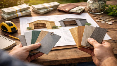 Close-up of a person comparing metal and wood siding swatches over shed plans on a wooden table in soft natural light.