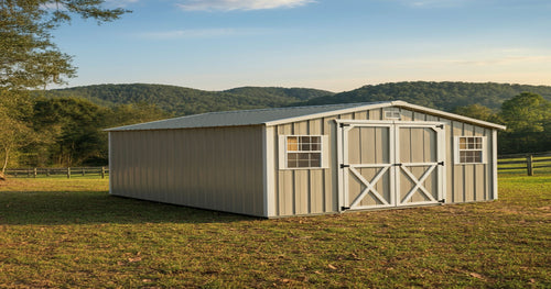 Durable portable shed in a backyard, offering secure storage for tools and outdoor equipment